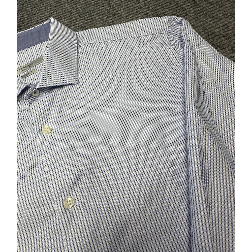 Perry Ellis Dress Shirt Mens 17 34/35 Blue Check Cotton Slim Fit Long Sleeve